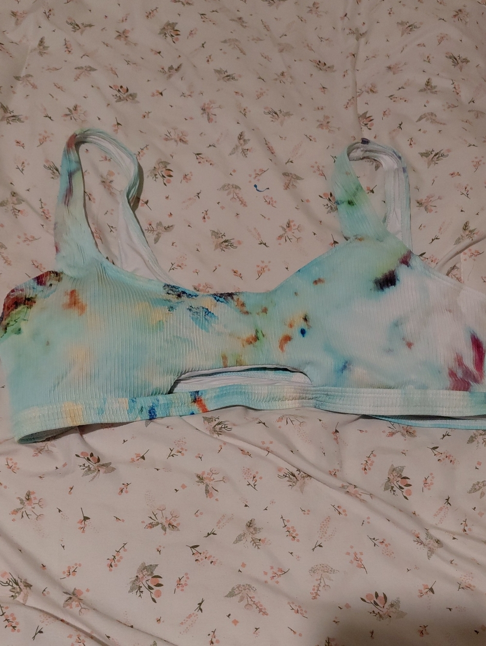 Ribbed Light Blue Tie-Dye Bikini Top
